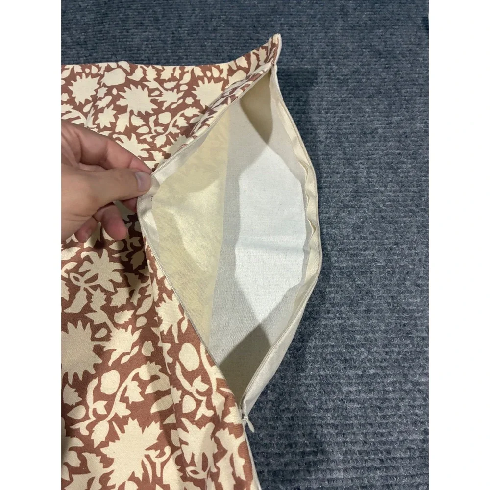 Set of 2 Floral Print Cotton Linen Throw Pillow Covers 18x18 Brown Cream Boho